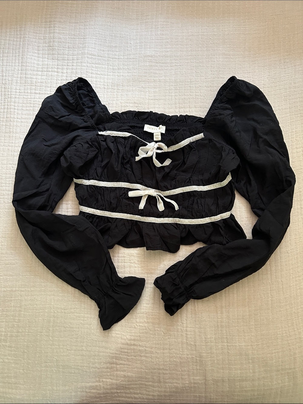 Thirty Thirty Coquette Milkmaid Ruched Crop Top Black & Cream Size M